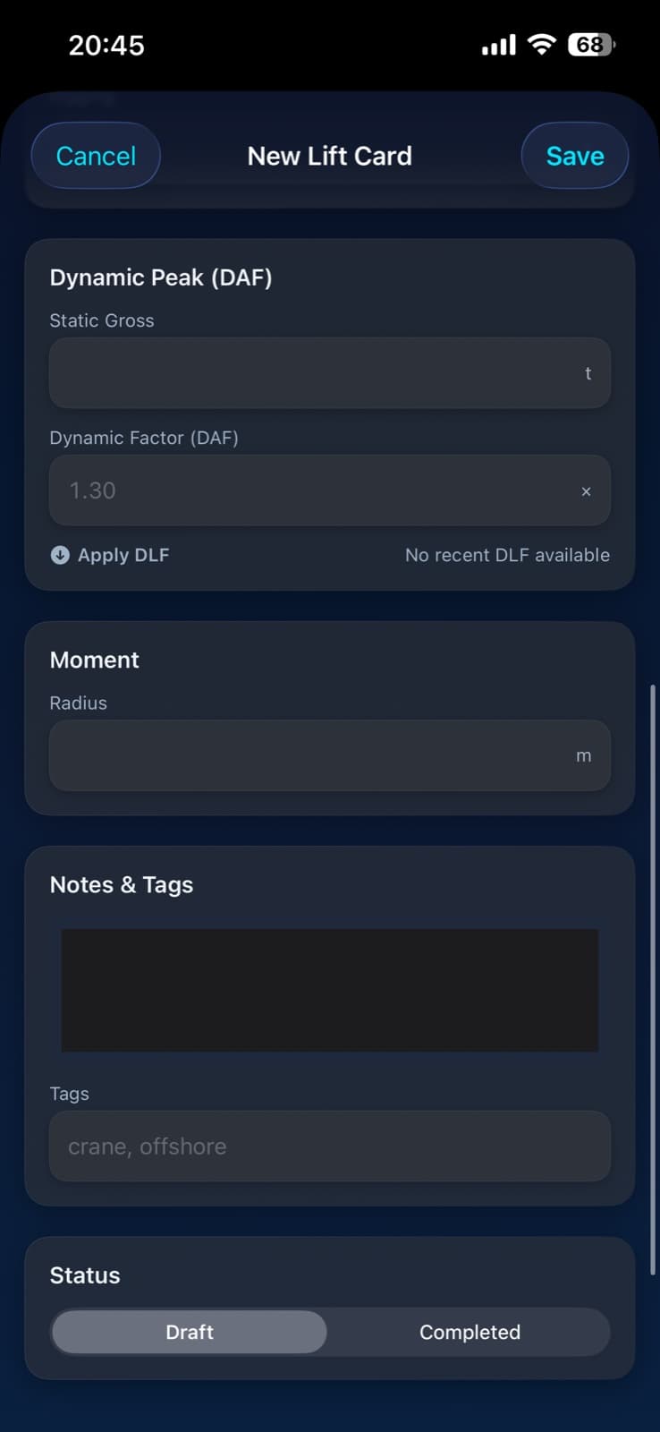 OffshoreTrainer Lift Card tool details and status section