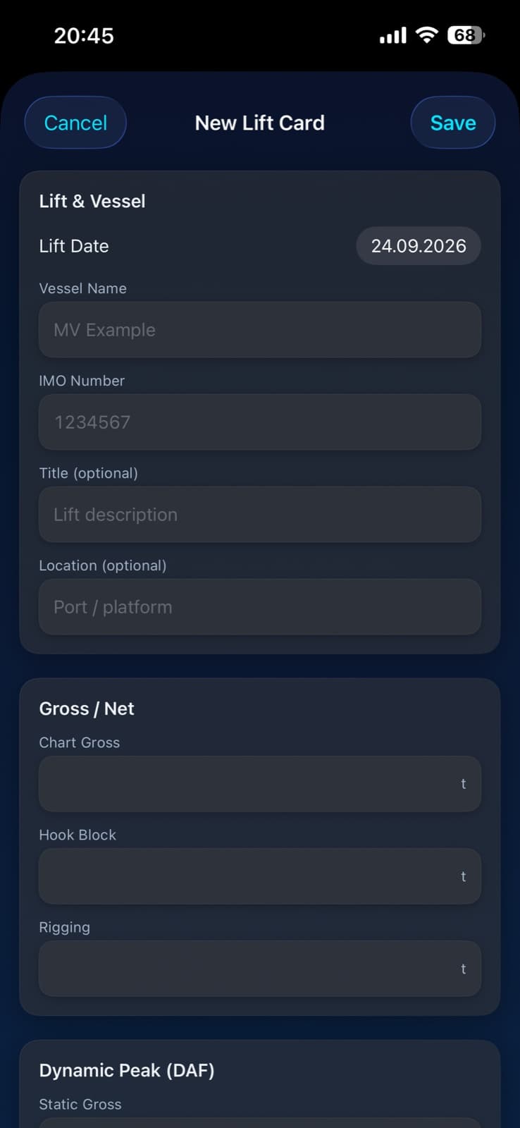 OffshoreTrainer Lift Card tool form upper section