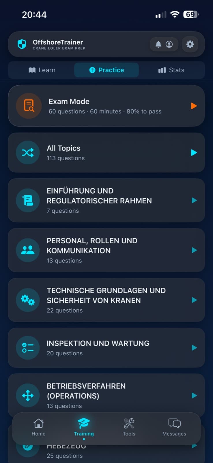 OffshoreTrainer Practice screen with exam mode and topic questions
