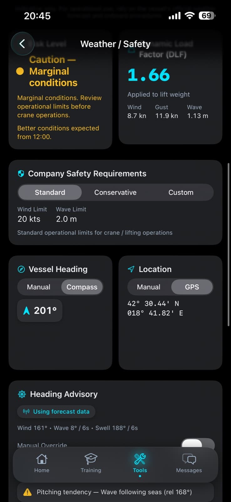 OffshoreTrainer company safety requirements and vessel heading controls screen
