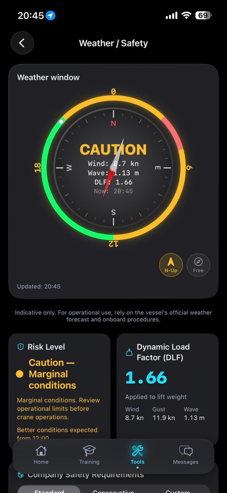 OffshoreTrainer Safety Ring and weather conditions screen