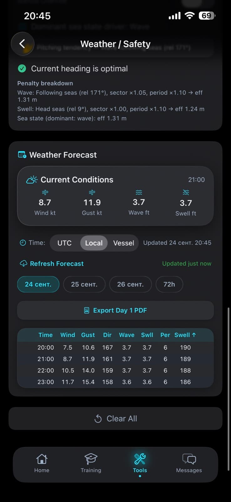 OffshoreTrainer weather forecast table and PDF export screen