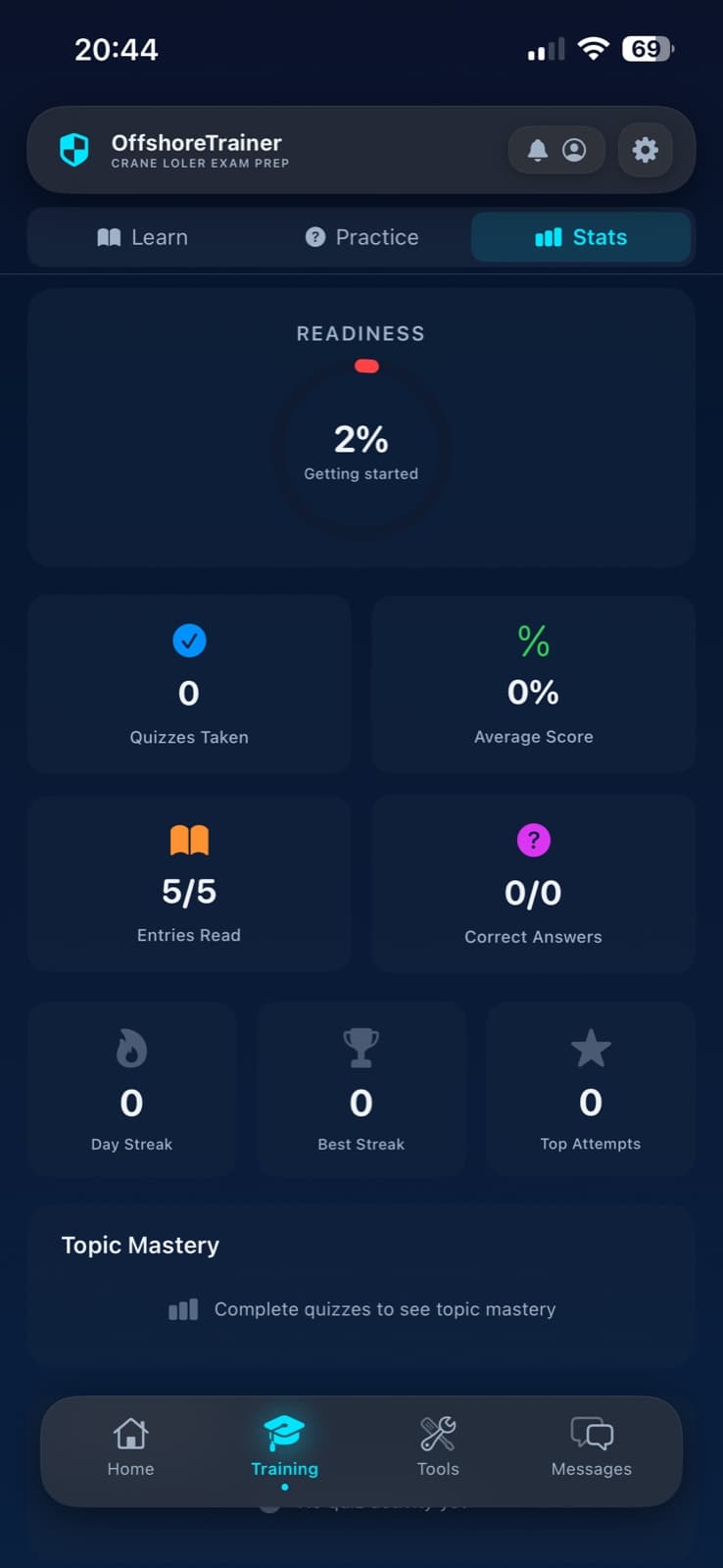 OffshoreTrainer training progress and readiness statistics screen