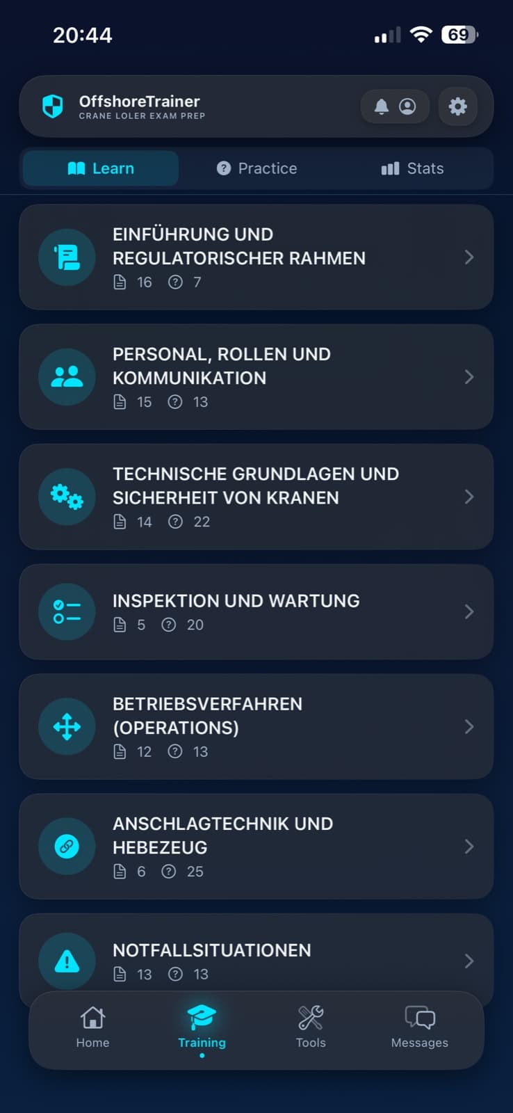 OffshoreTrainer Learn module mobile app screen